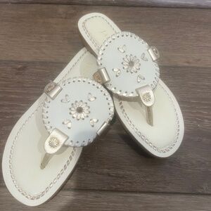 Jack Rogers Collins Flat Leather Sandals, Off-White and Gold, Size 5, Like New